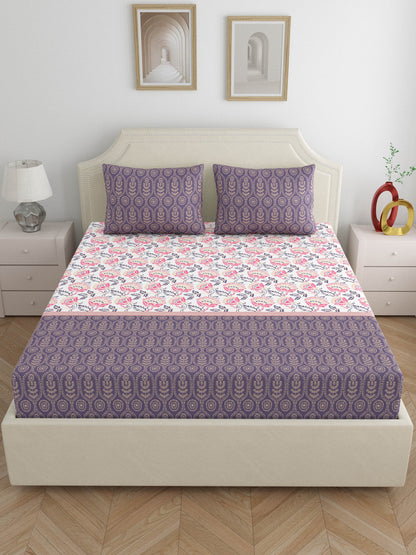 Home Ecstasy 100% Cotton Floral Bedsheet Set | 140 TC | Purple