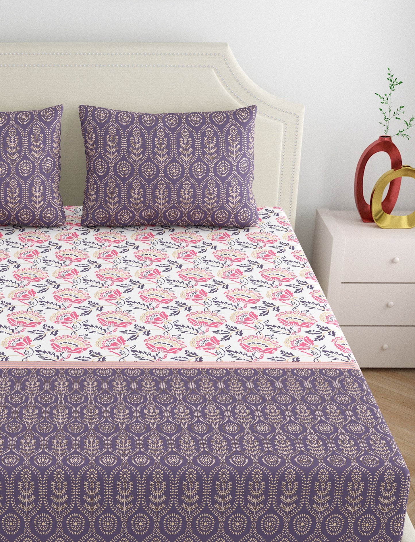 Home Ecstasy 100% Cotton Floral Bedsheet Set | 140 TC | Purple