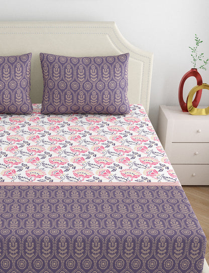 Home Ecstasy 100% Cotton Floral Bedsheet Set | 140 TC | Purple