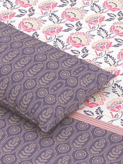 Home Ecstasy 100% Cotton Floral Bedsheet Set | 140 TC | Purple