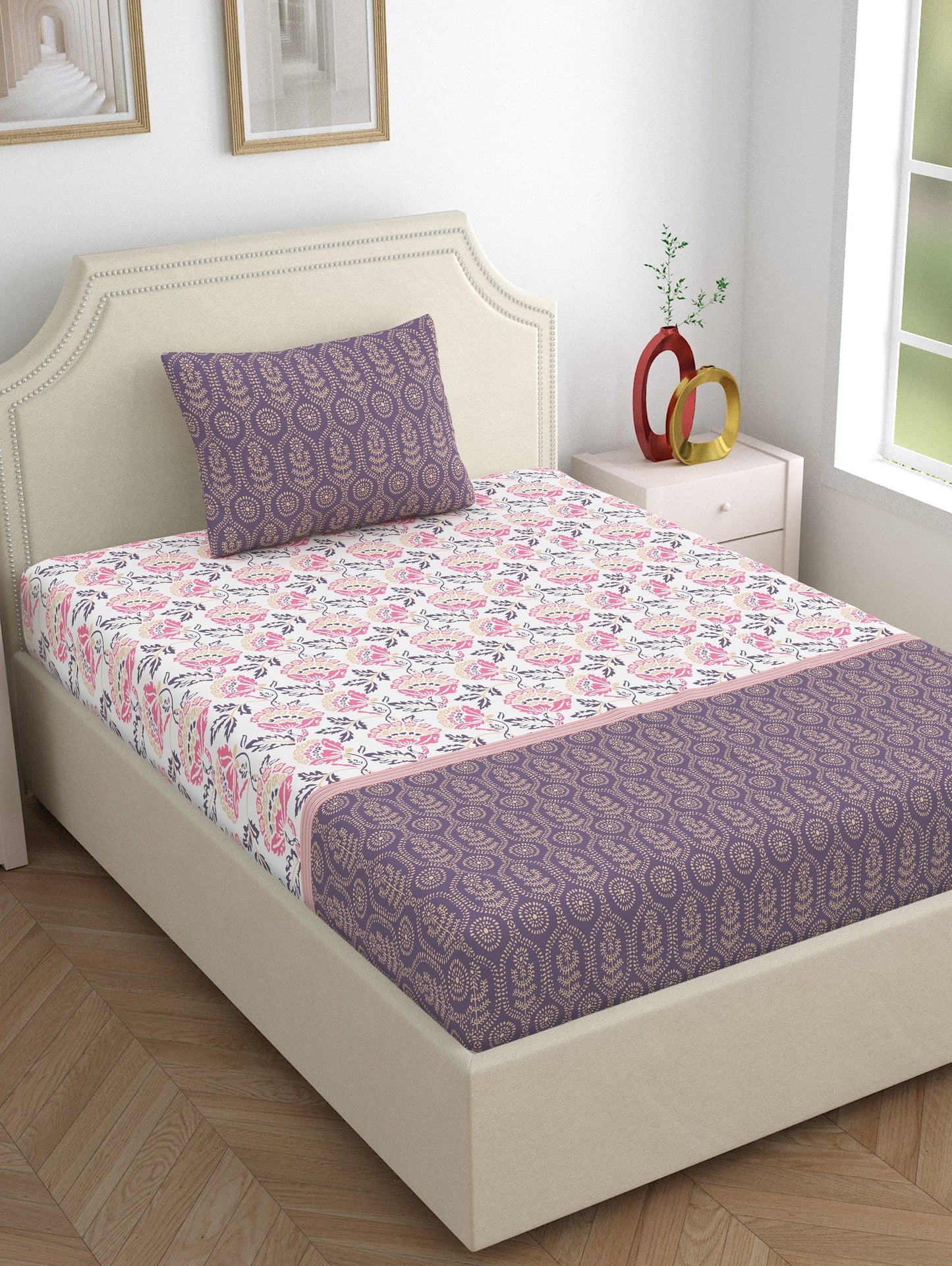 Home Ecstasy 100% Cotton Floral Bedsheet Set | 140 TC | Purple