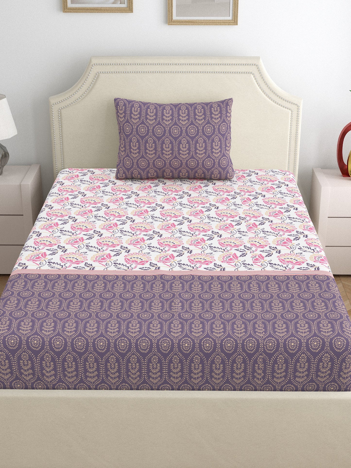 Home Ecstasy 100% Cotton Floral Bedsheet Set | 140 TC | Purple