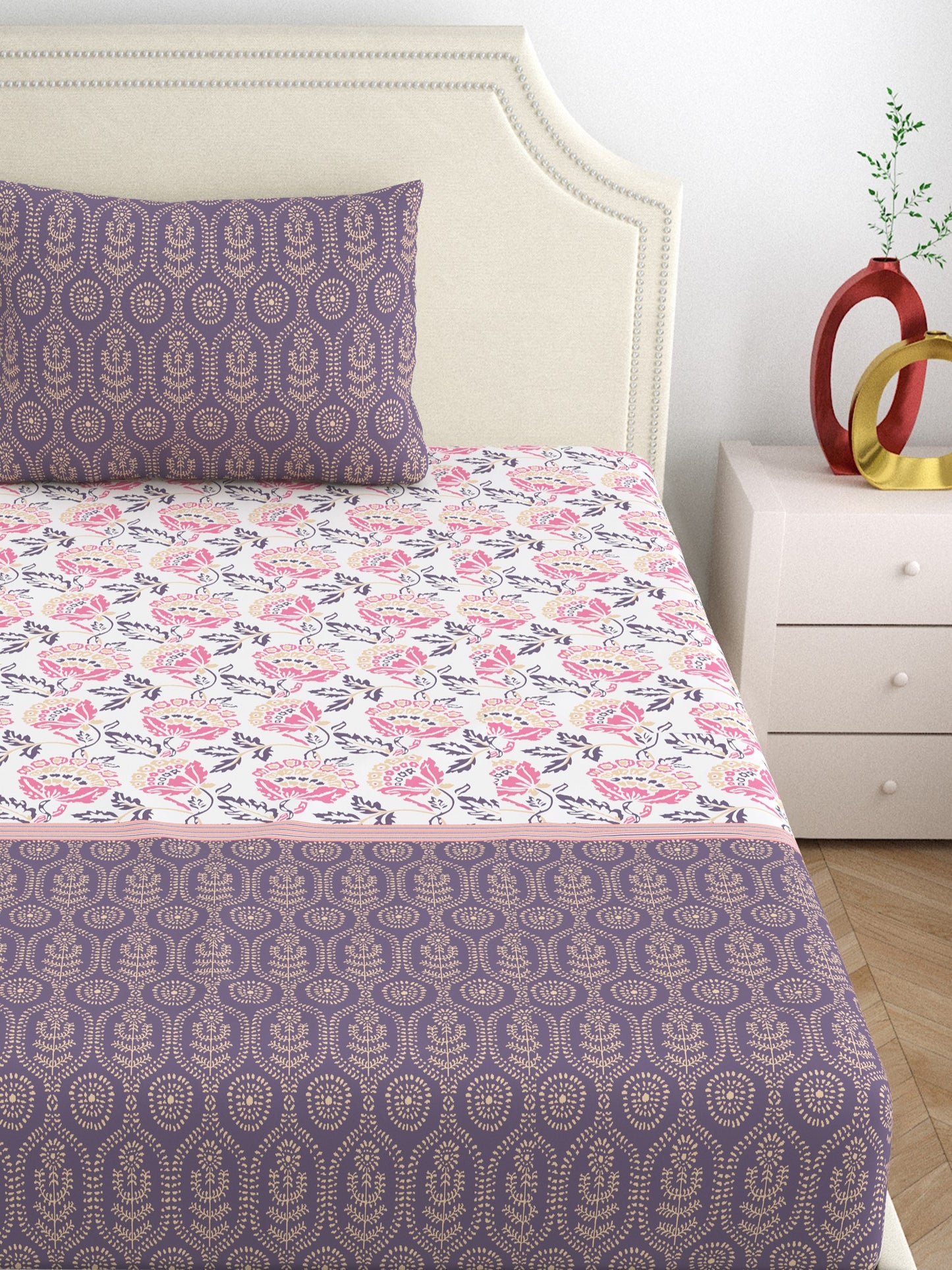 Home Ecstasy 100% Cotton Floral Bedsheet Set | 140 TC | Purple