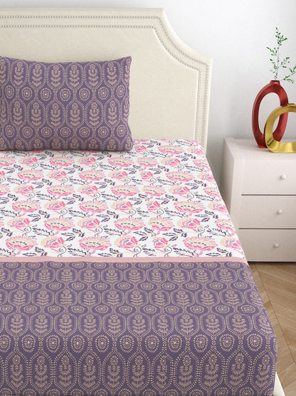 Home Ecstasy 100% Cotton Floral Bedsheet Set | 140 TC | Purple