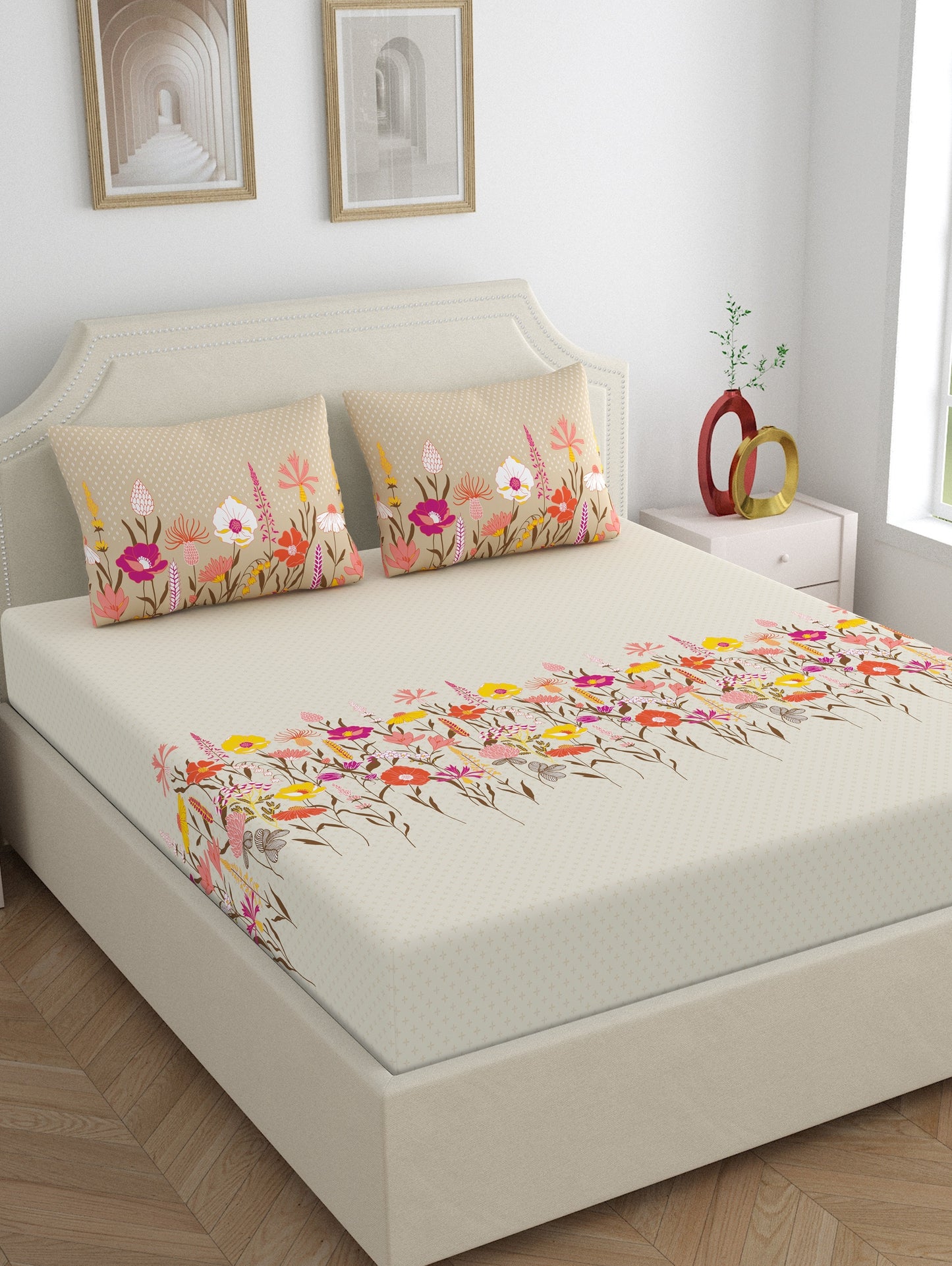 Home Ecstasy 100% Cotton Floral Bedsheet Set | 140 TC | Beige