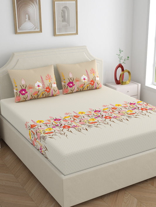 Home Ecstasy 100% Cotton Floral Bedsheet Set | 140 TC | Beige