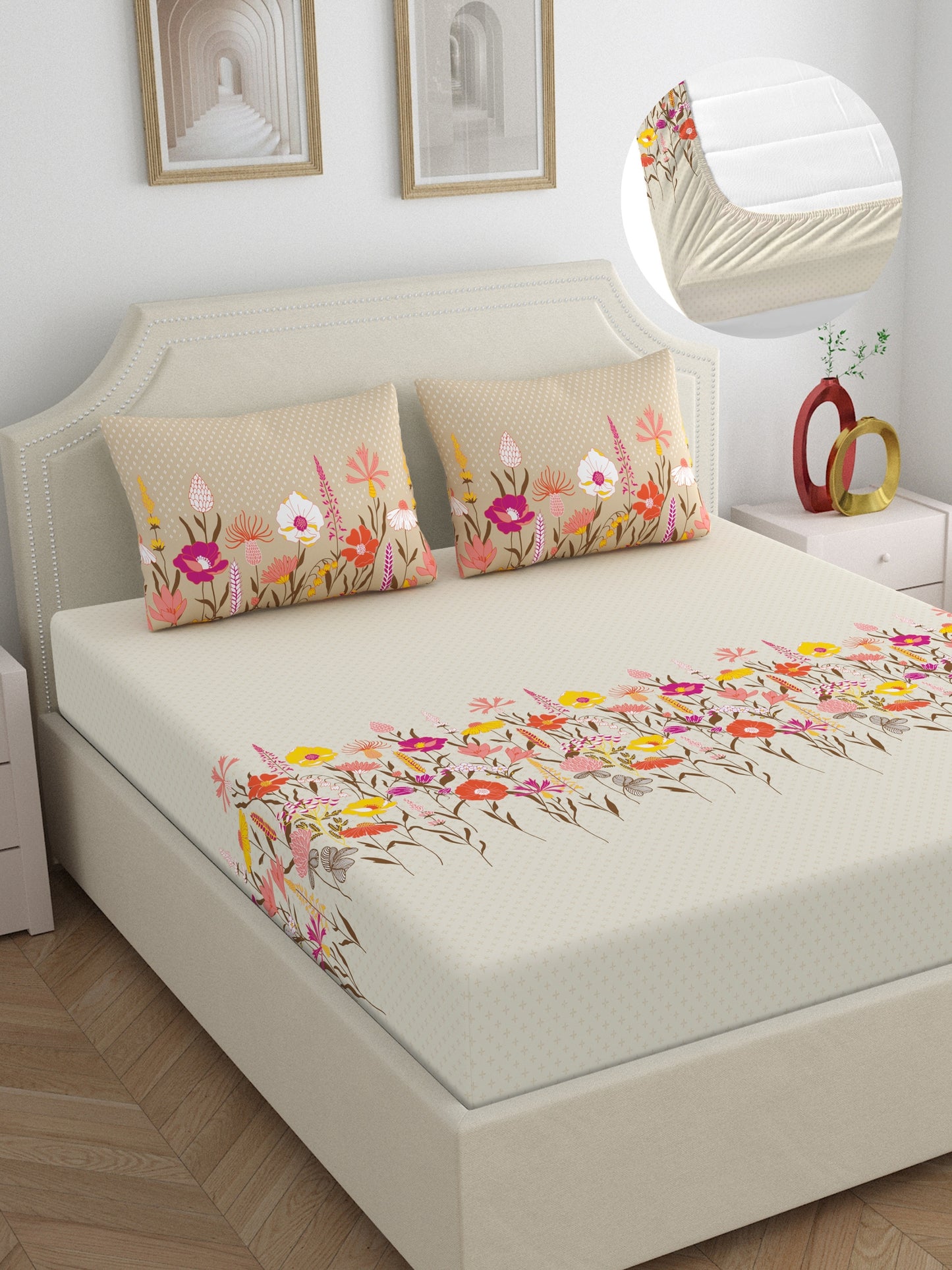 Home Ecstasy 100% Cotton 140 TC Floral Bedsheet Set - Colour: Beige