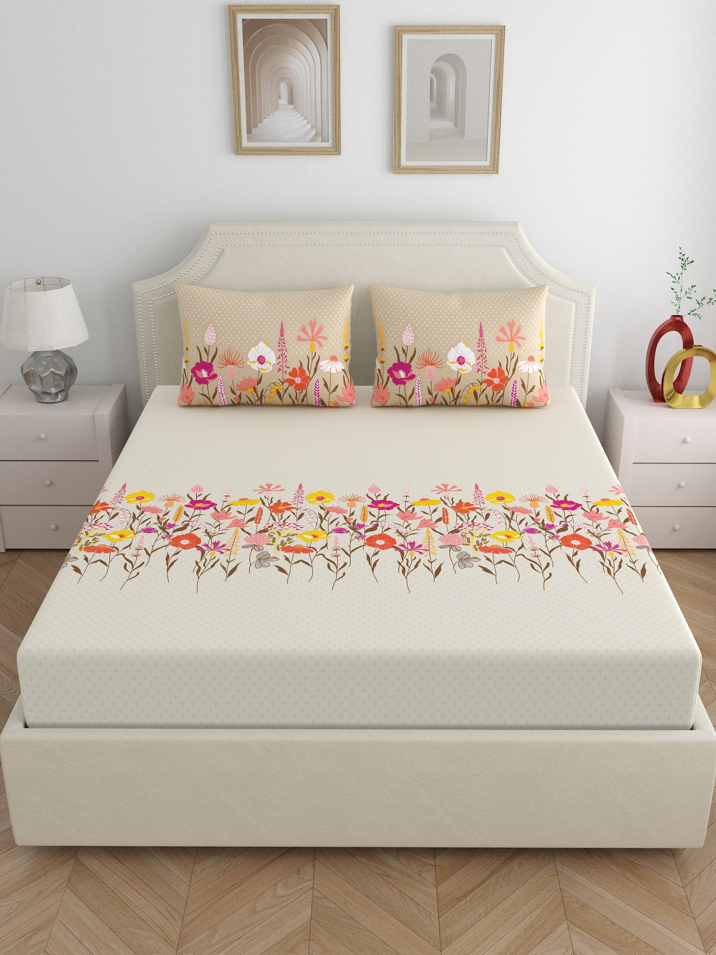 Home Ecstasy 100% Cotton Floral Bedsheet Set | 140 TC | Beige