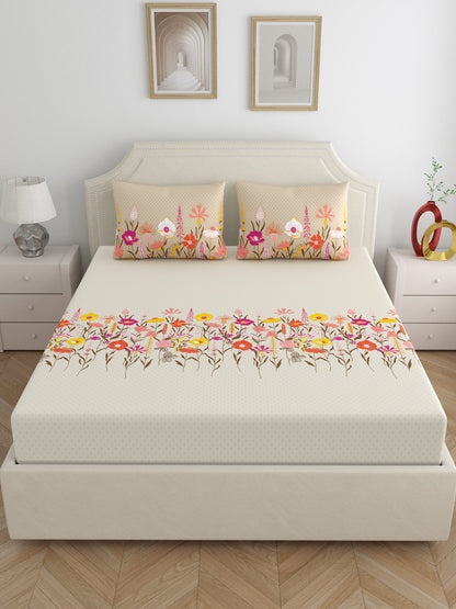 Home Ecstasy 100% Cotton Floral Bedsheet Set | 140 TC | Beige