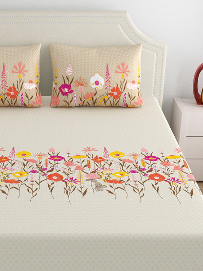 Home Ecstasy 100% Cotton Floral Bedsheet Set | 140 TC | Beige