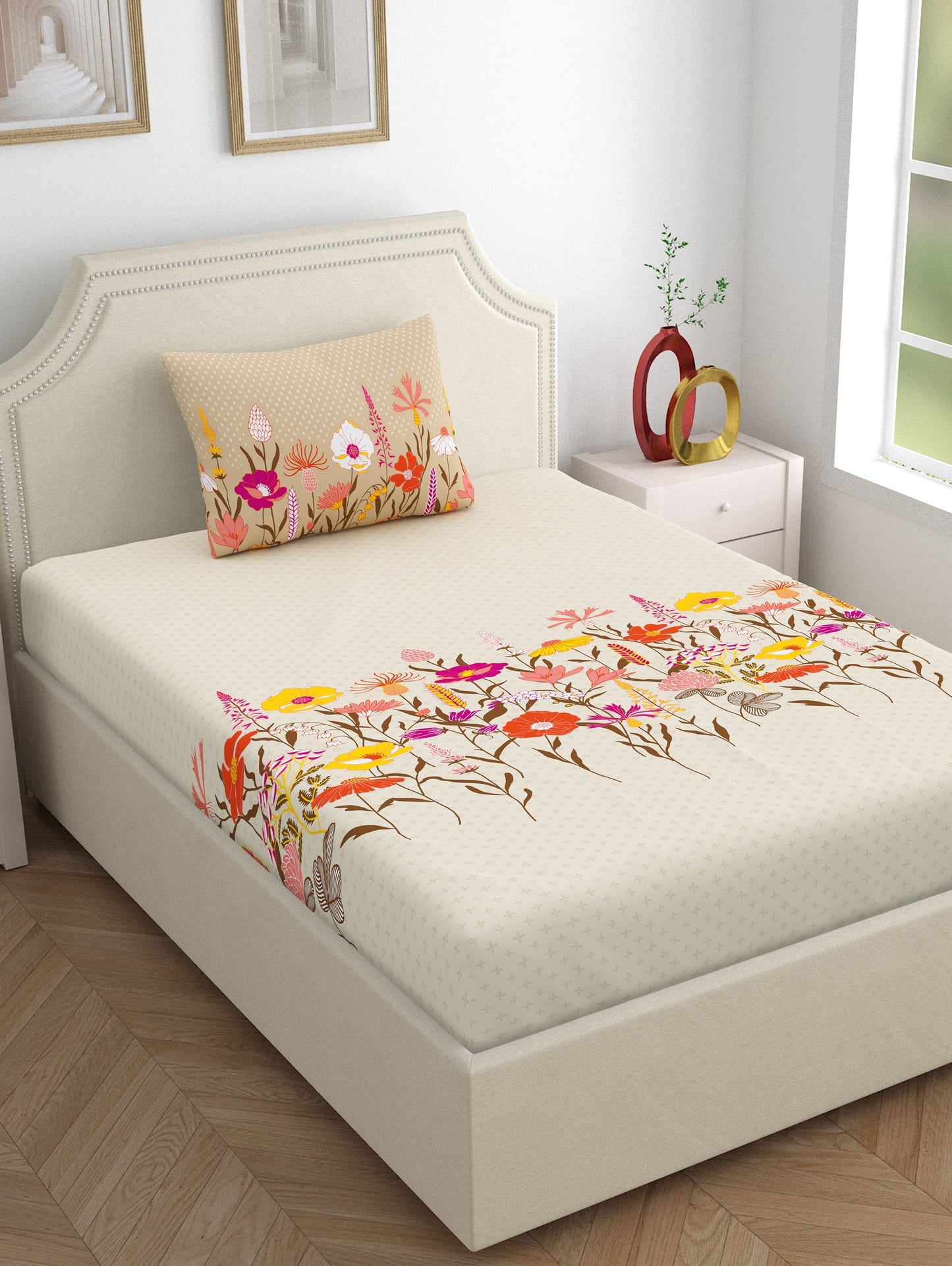 Home Ecstasy 100% Cotton Floral Bedsheet Set | 140 TC | Beige