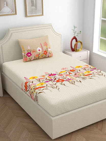 Home Ecstasy 100% Cotton Floral Bedsheet Set | 140 TC | Beige
