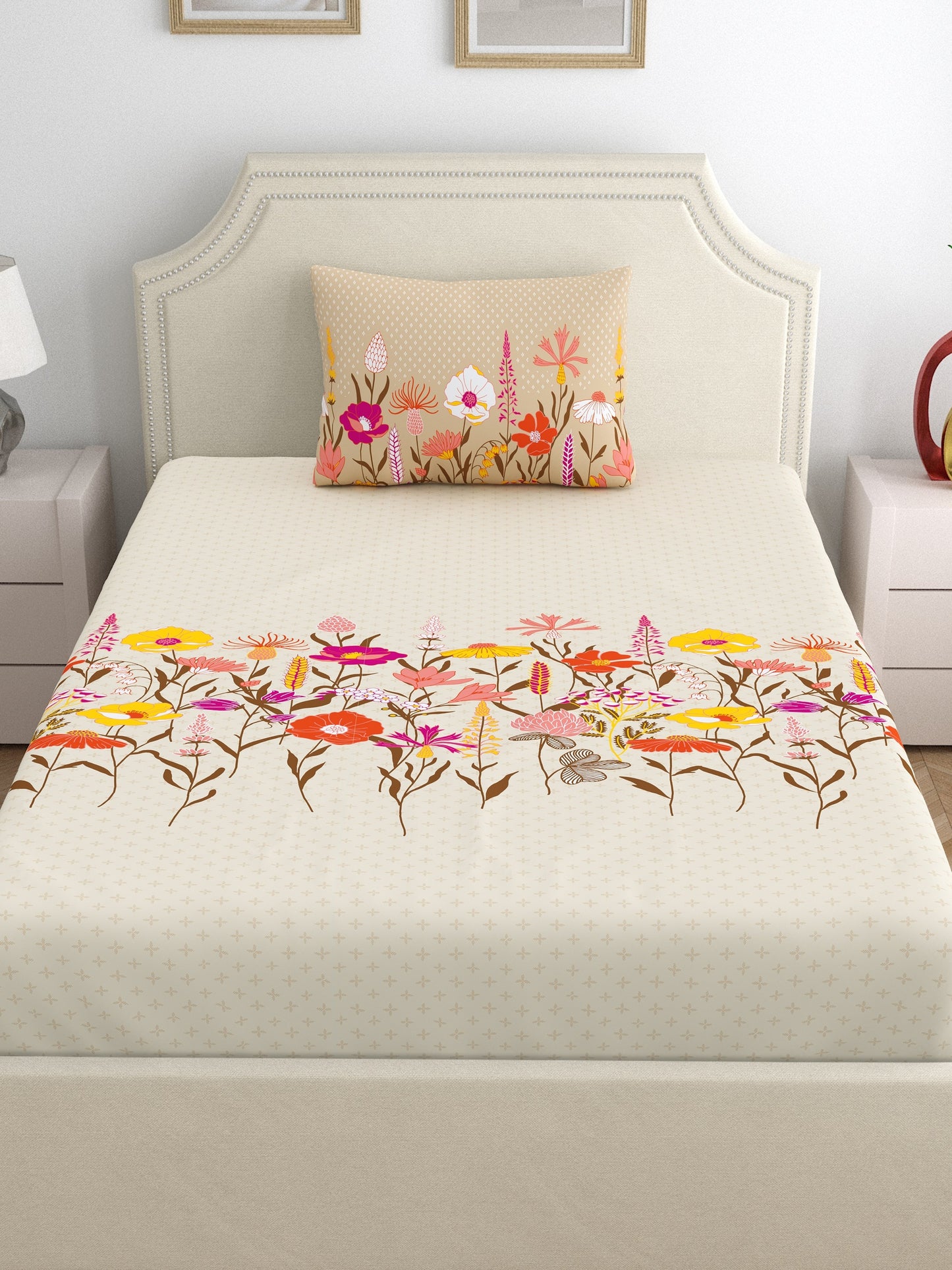 Home Ecstasy 100% Cotton Floral Bedsheet Set | 140 TC | Beige