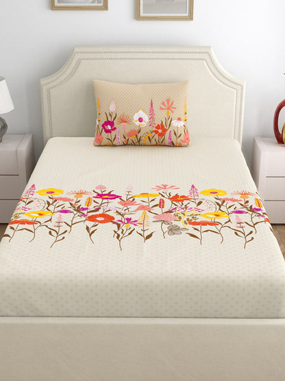 Home Ecstasy 100% Cotton Floral Bedsheet Set | 140 TC | Beige