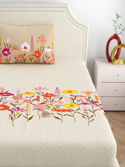 Home Ecstasy 100% Cotton Floral Bedsheet Set | 140 TC | Beige