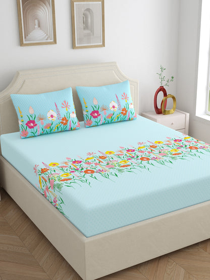 Home Ecstasy 100% Cotton Floral Bedsheet Set | 140 TC | Blue