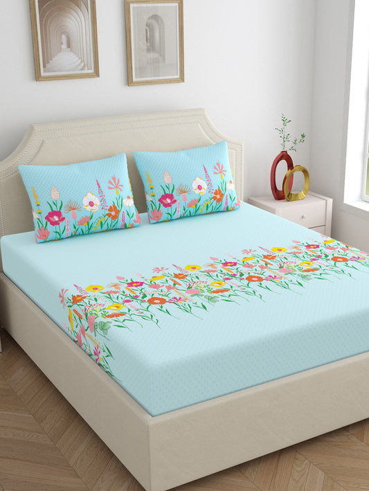 Home Ecstasy 100% Cotton Floral Bedsheet Set | 140 TC | Blue