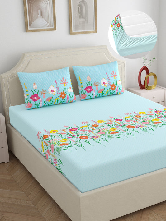 Home Ecstasy 100% Cotton 140 TC Floral Bedsheet Set - Colour: Blue