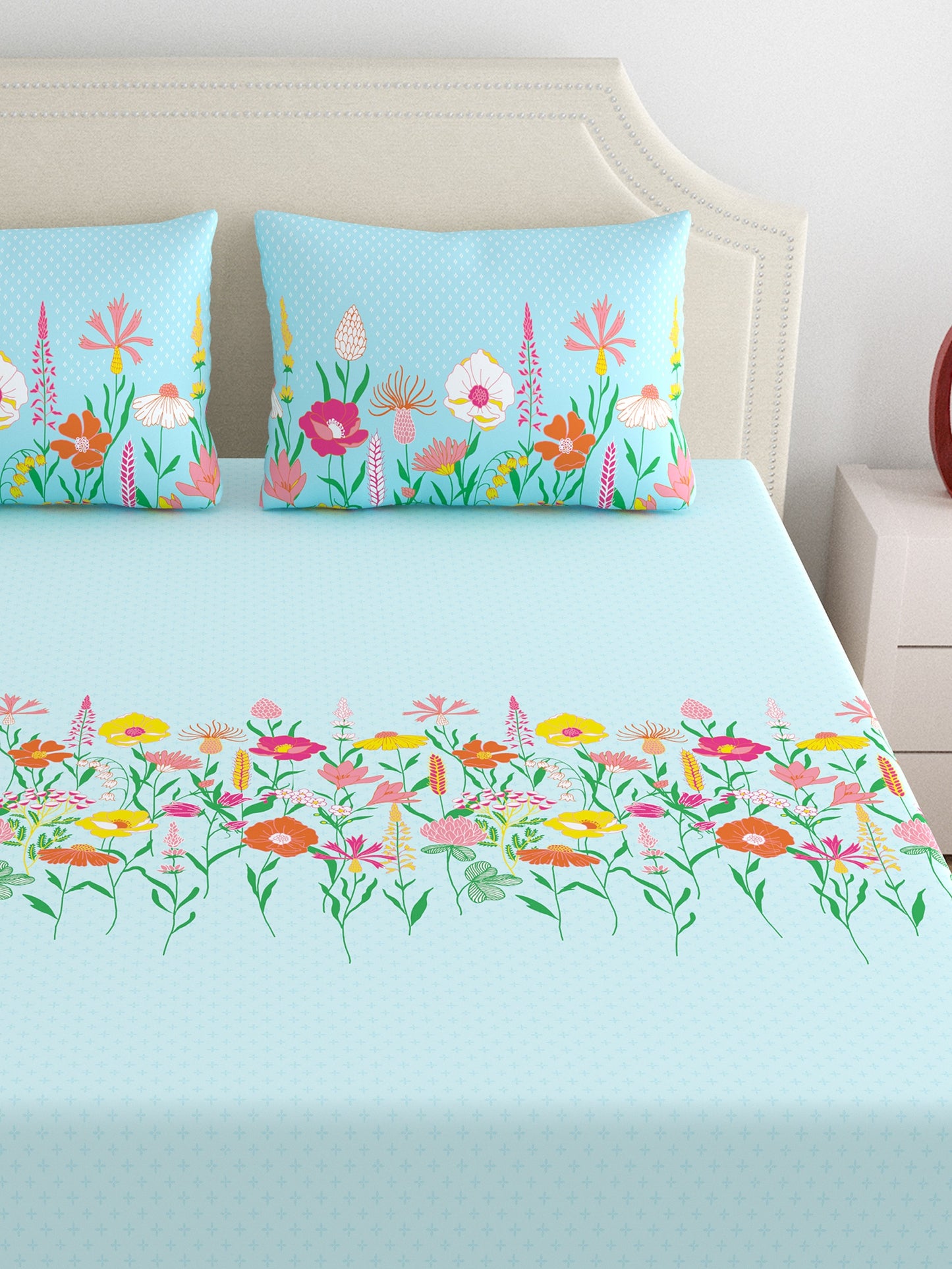 Home Ecstasy 100% Cotton Floral Bedsheet Set | 140 TC | Blue