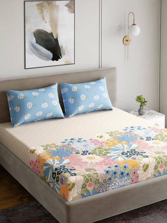 Home Ecstasy 100% Cotton 140 TC Floral Bedsheet Set - Colour: Light Blue