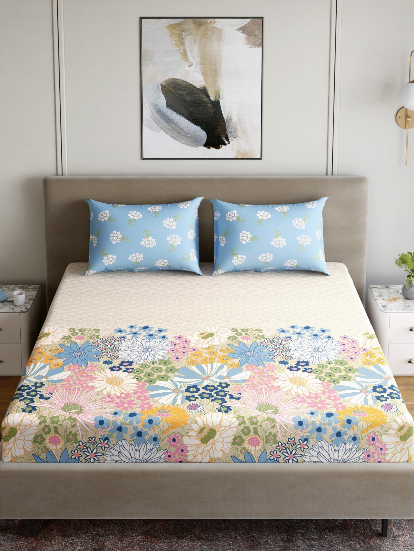 Home Ecstasy 100% Cotton 140 TC Floral Bedsheet Set - Colour: Light Blue