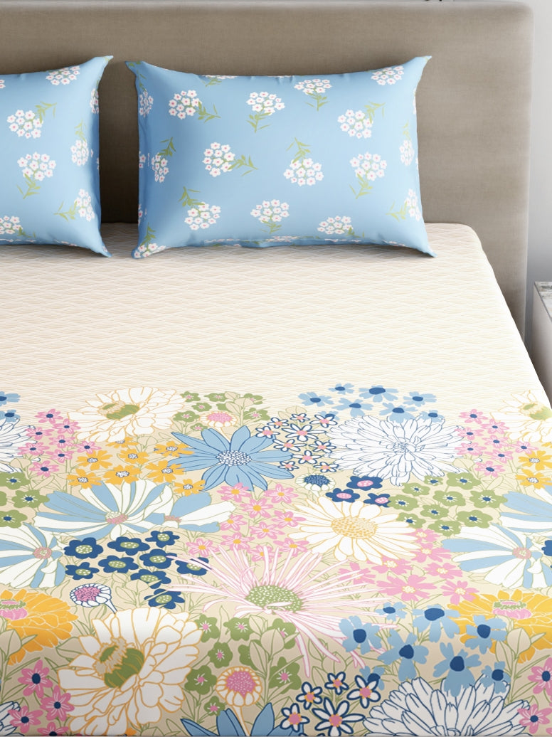 Home Ecstasy 100% Cotton 140 TC Floral Bedsheet Set - Colour: Light Blue