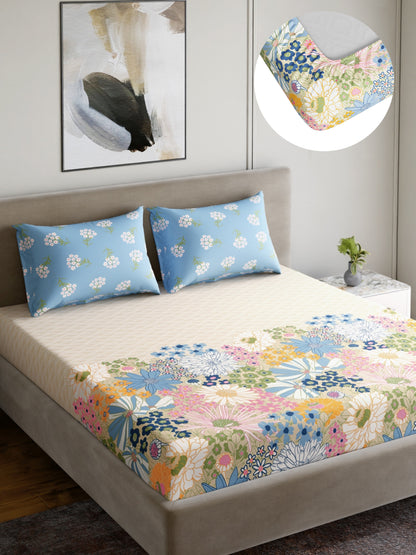 Home Ecstasy 100% Cotton 140 TC Floral Bedsheet Set - Colour: Light Blue