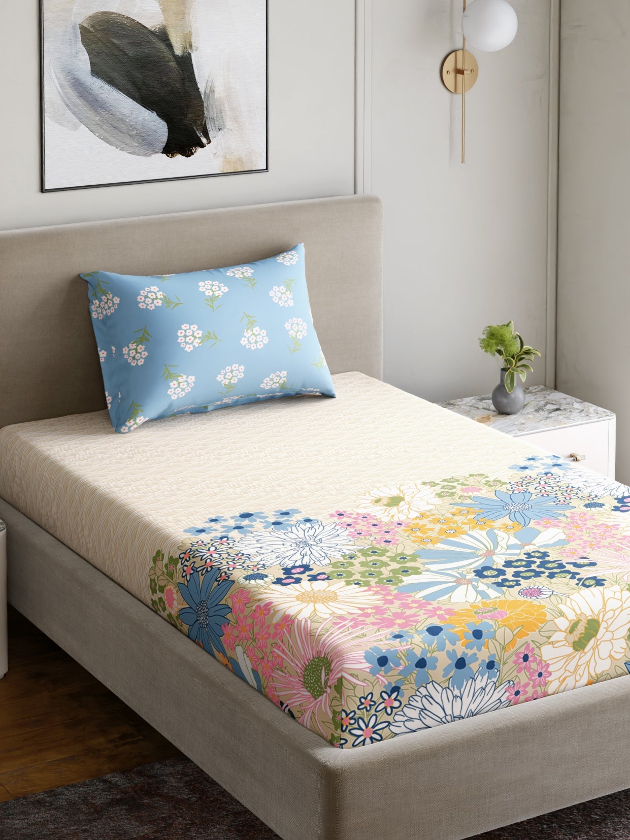 Home Ecstasy 100% Cotton 140 TC Floral Bedsheet Set - Colour: Light Blue