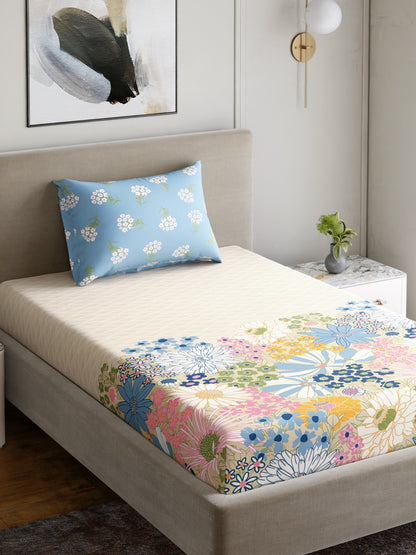 Home Ecstasy 100% Cotton 140 TC Floral Bedsheet Set - Colour: Light Blue