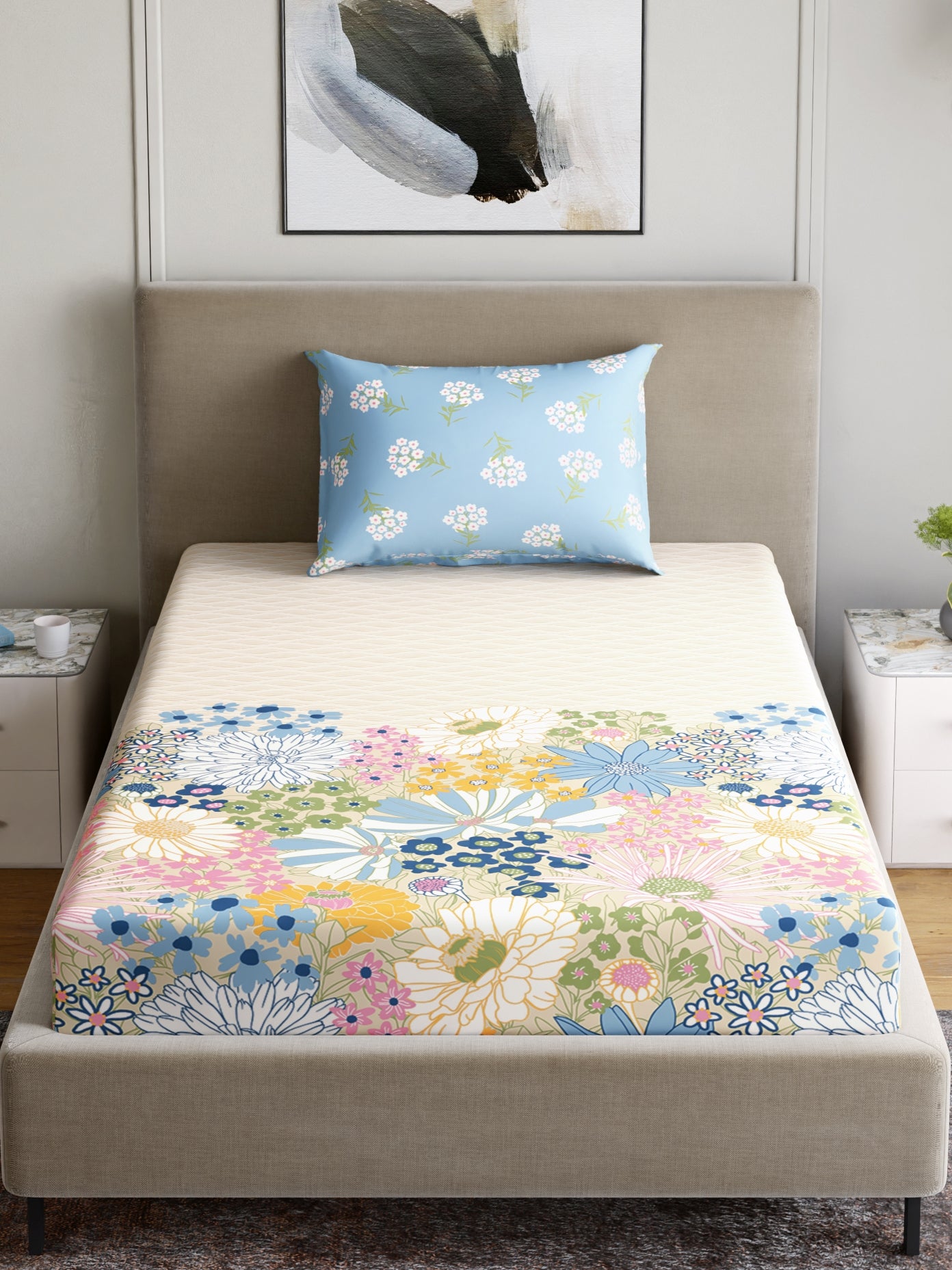 Home Ecstasy 100% Cotton 140 TC Floral Bedsheet Set - Colour: Light Blue