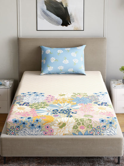 Home Ecstasy 100% Cotton 140 TC Floral Bedsheet Set - Colour: Light Blue