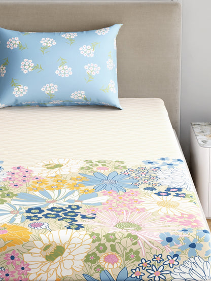 Home Ecstasy 100% Cotton 140 TC Floral Bedsheet Set - Colour: Light Blue