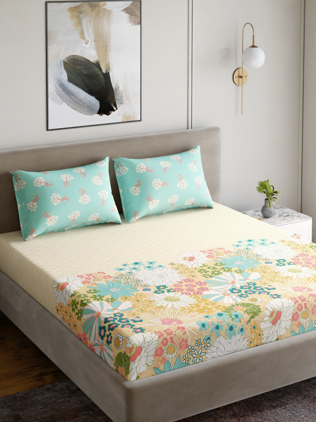 Home Ecstasy 100% Cotton 140 TC Floral Bedsheet Set - Colour: Mint