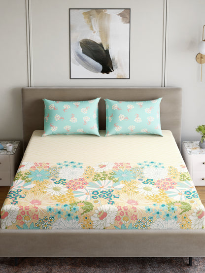 Home Ecstasy 100% Cotton 140 TC Floral Bedsheet Set - Colour: Mint