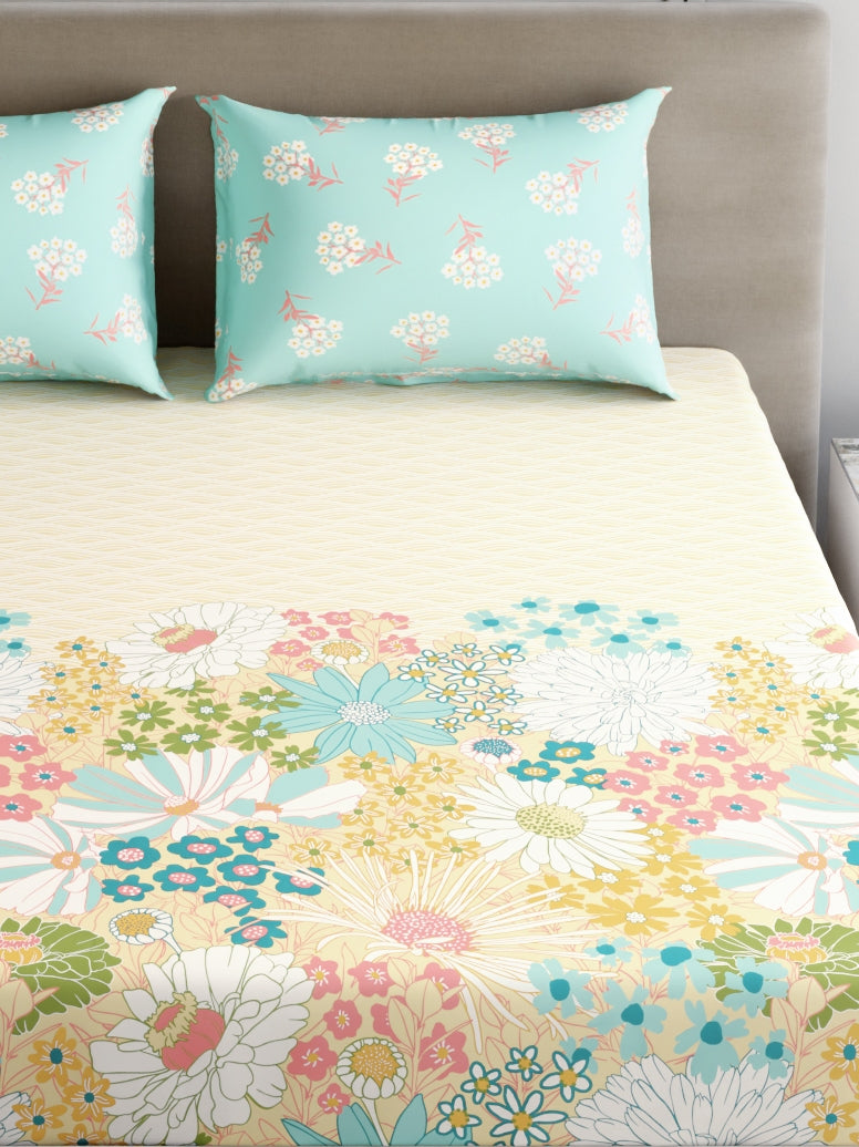 Home Ecstasy 100% Cotton 140 TC Floral Bedsheet Set - Colour: Mint