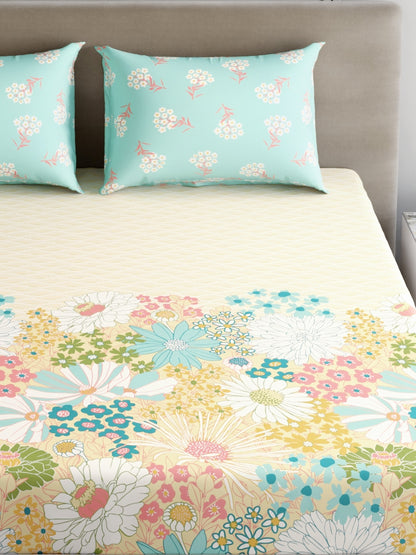Home Ecstasy 100% Cotton 140 TC Floral Bedsheet Set - Colour: Mint
