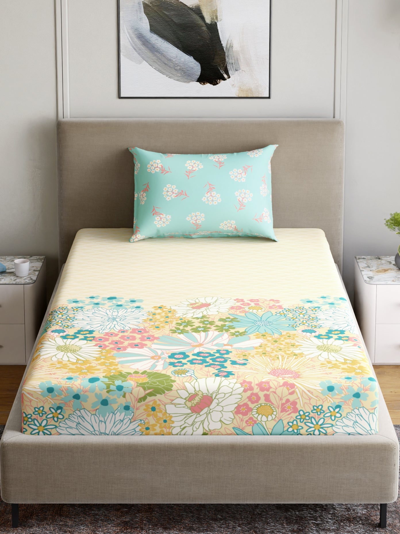 Home Ecstasy 100% Cotton 140 TC Floral Bedsheet Set - Colour: Mint