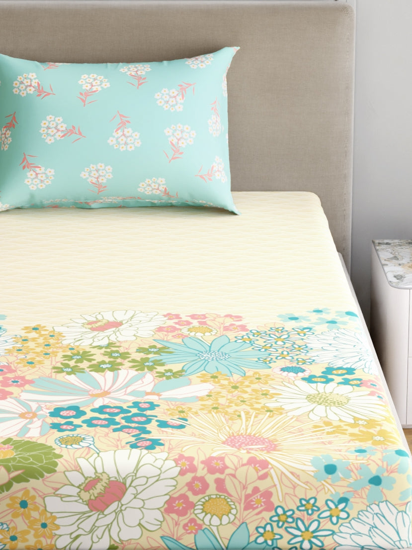 Home Ecstasy 100% Cotton 140 TC Floral Bedsheet Set - Colour: Mint