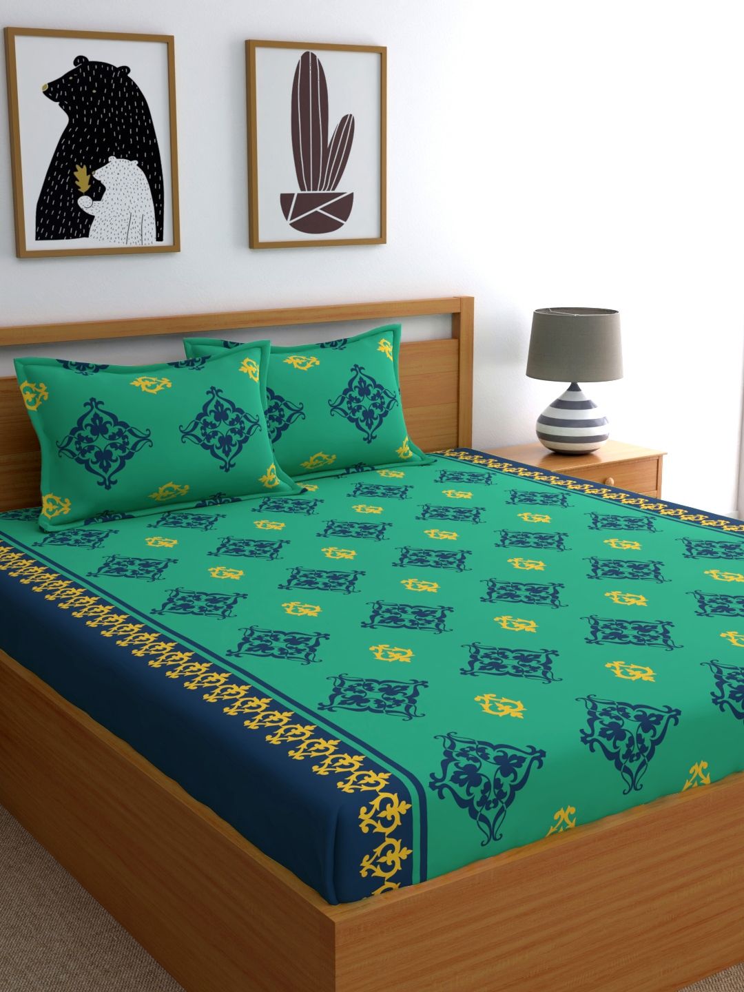Home Ecstasy 100% Cotton Ethnic Bedsheet Set | 140 TC | Teal Green