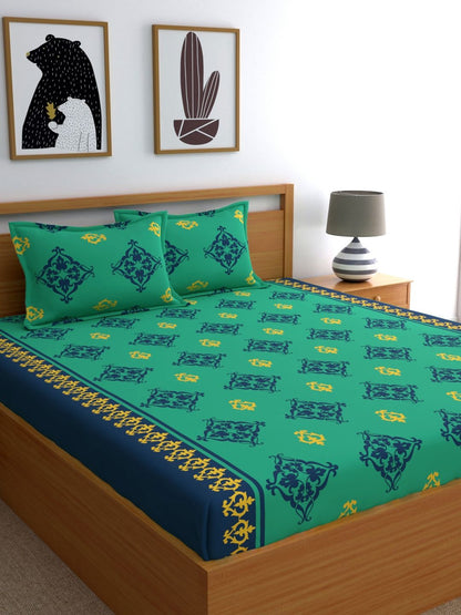 Home Ecstasy 100% Cotton Ethnic Bedsheet Set | 140 TC | Teal Green