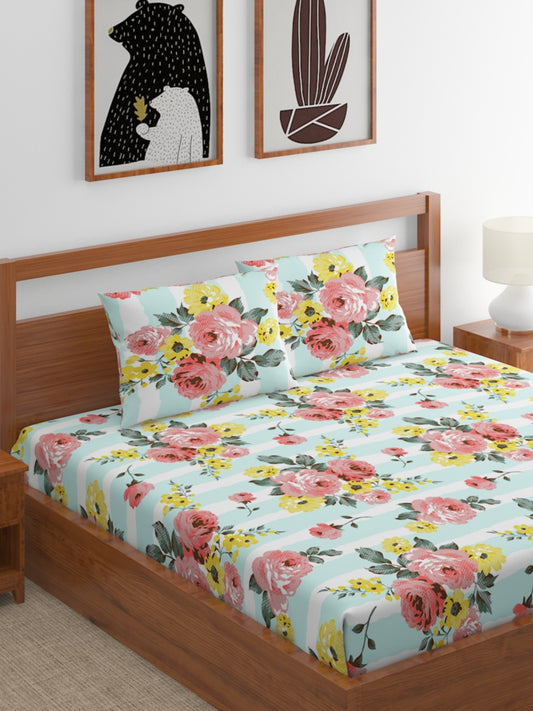 Home Ecstasy 100% Cotton Floral Bedsheet Set | 140 TC | Seagreen