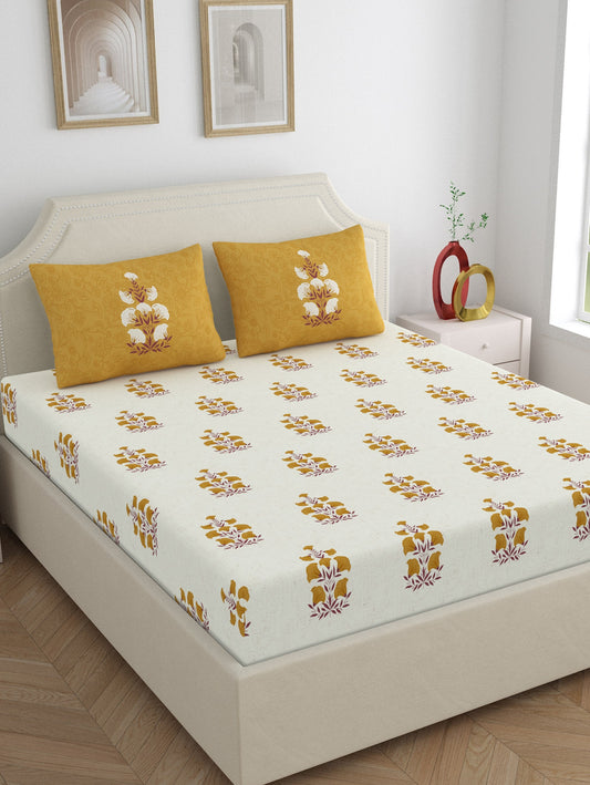 Home Ecstasy 100% Cotton Floral Bedsheet Set | 140 TC | Mustard
