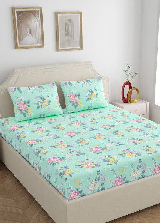 Home Ecstasy 100% Cotton Floral Bedsheet Set | 140 TC | Seagreen