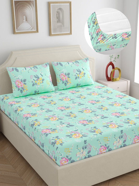 Home Ecstasy 100% Cotton 140 TC Floral Bedsheet Set - Colour: Seagreen