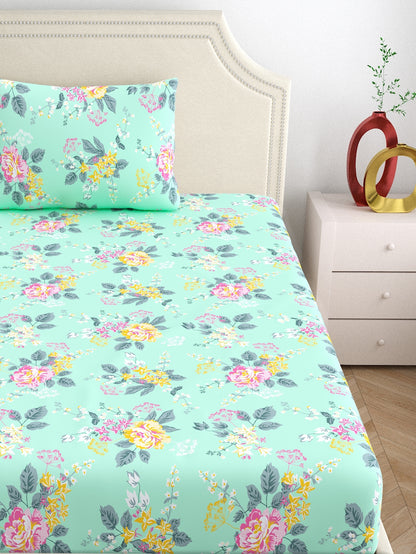 Home Ecstasy 100% Cotton Floral Bedsheet Set | 140 TC | Seagreen