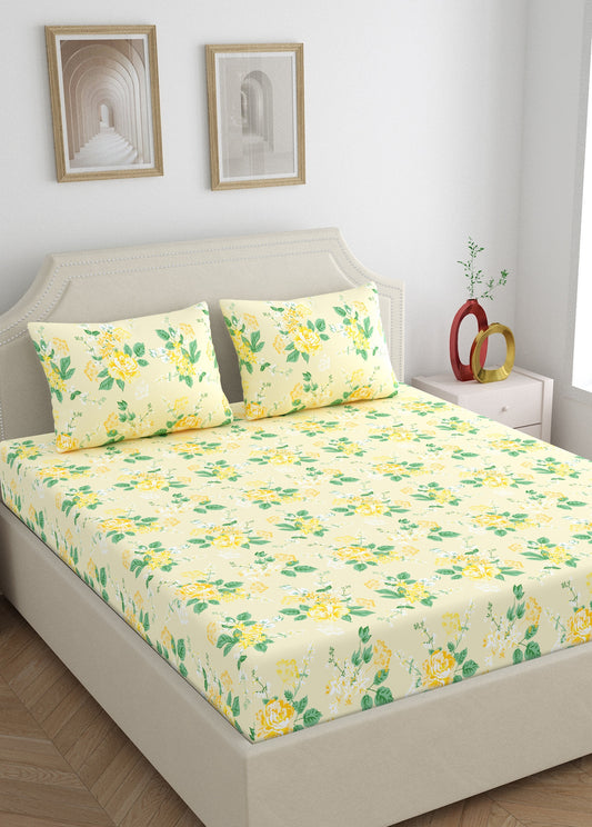 Home Ecstasy 100% Cotton Floral Bedsheet Set | 140 TC | Cream