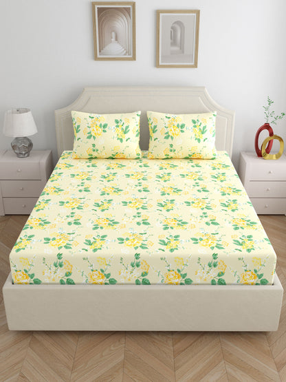 Home Ecstasy 100% Cotton Floral Bedsheet Set | 140 TC | Cream