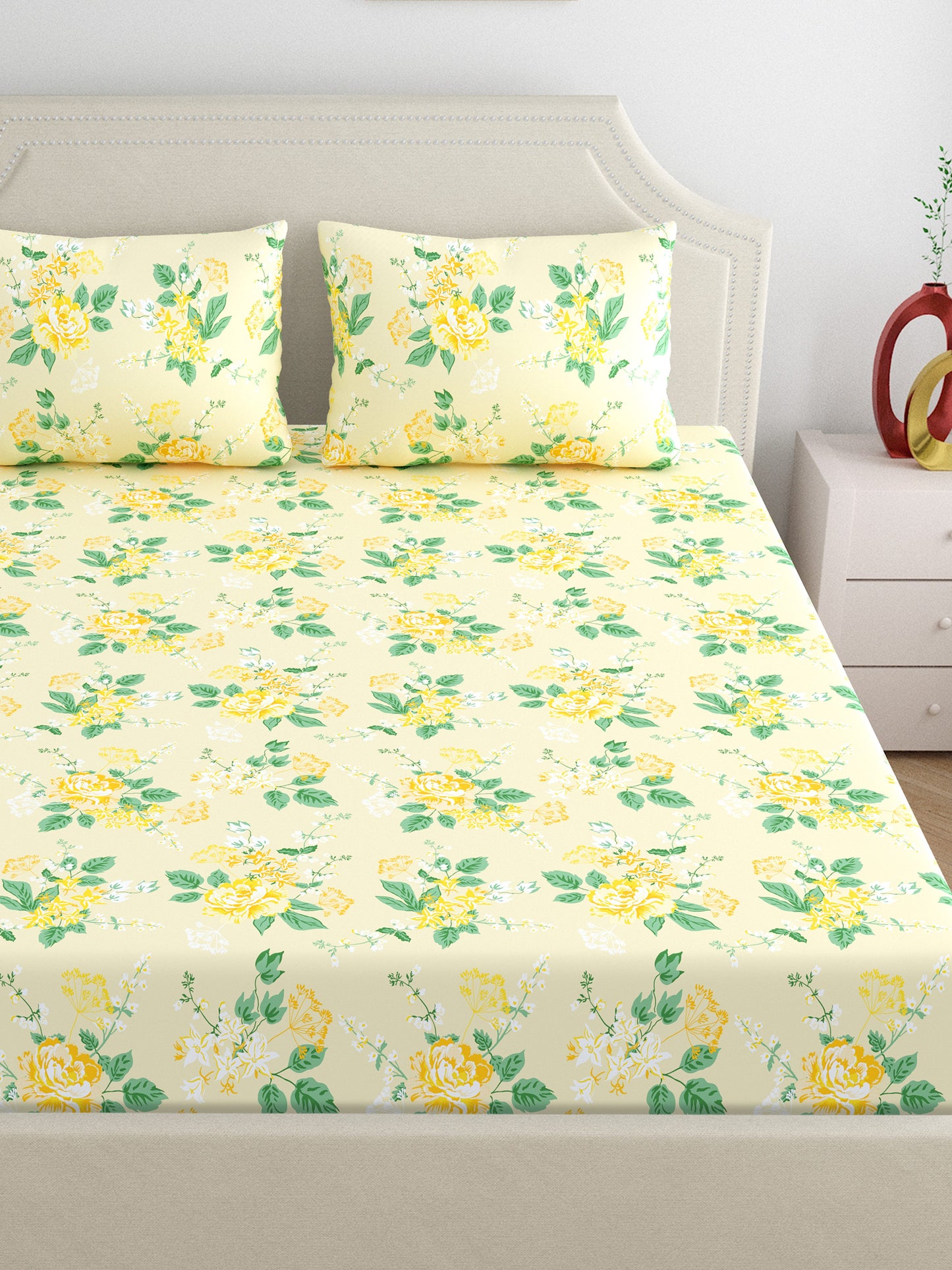 Home Ecstasy 100% Cotton Floral Bedsheet Set | 140 TC | Cream