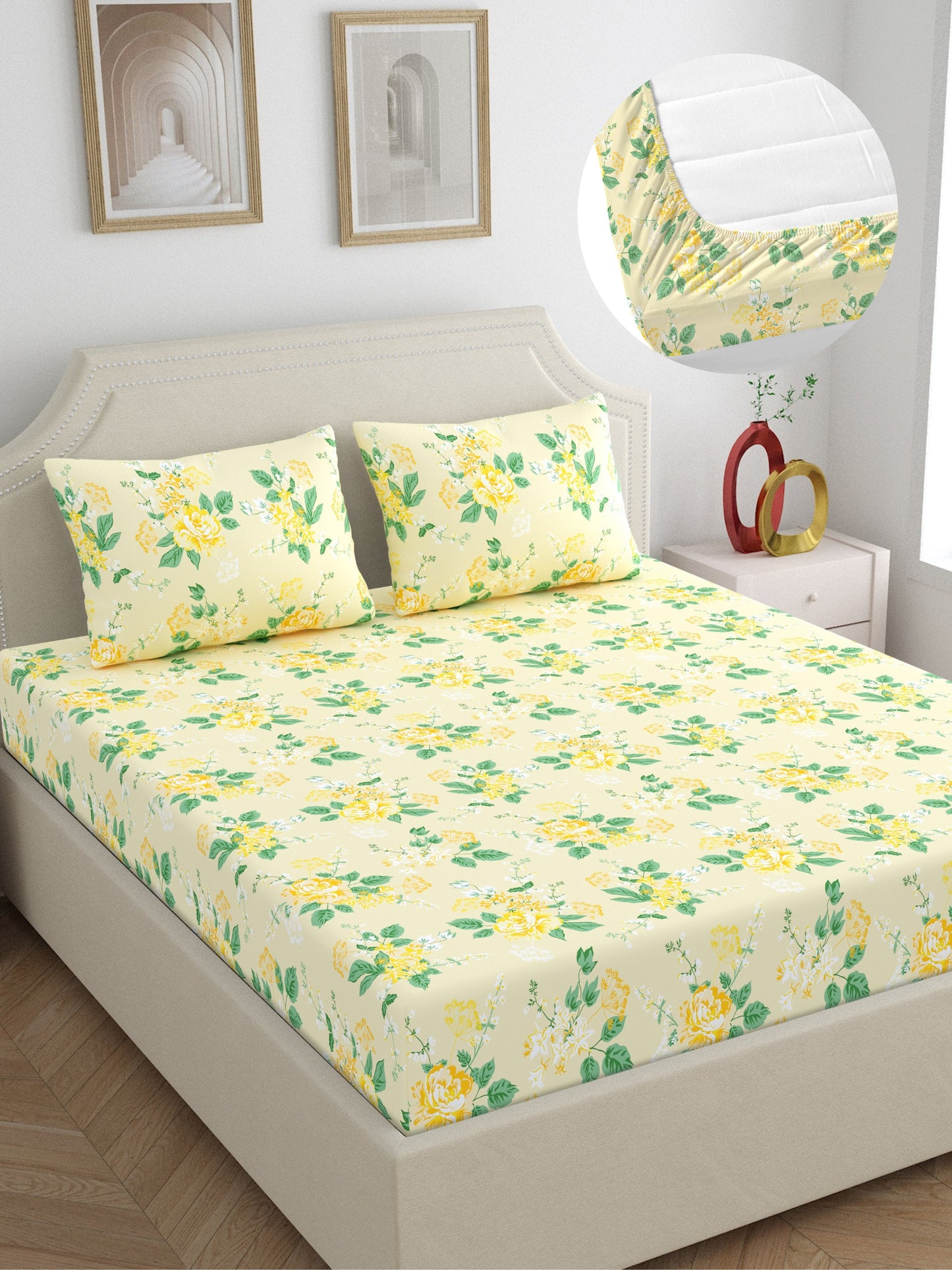 Home Ecstasy 100% Cotton Floral Bedsheet Set | 140 TC | Cream