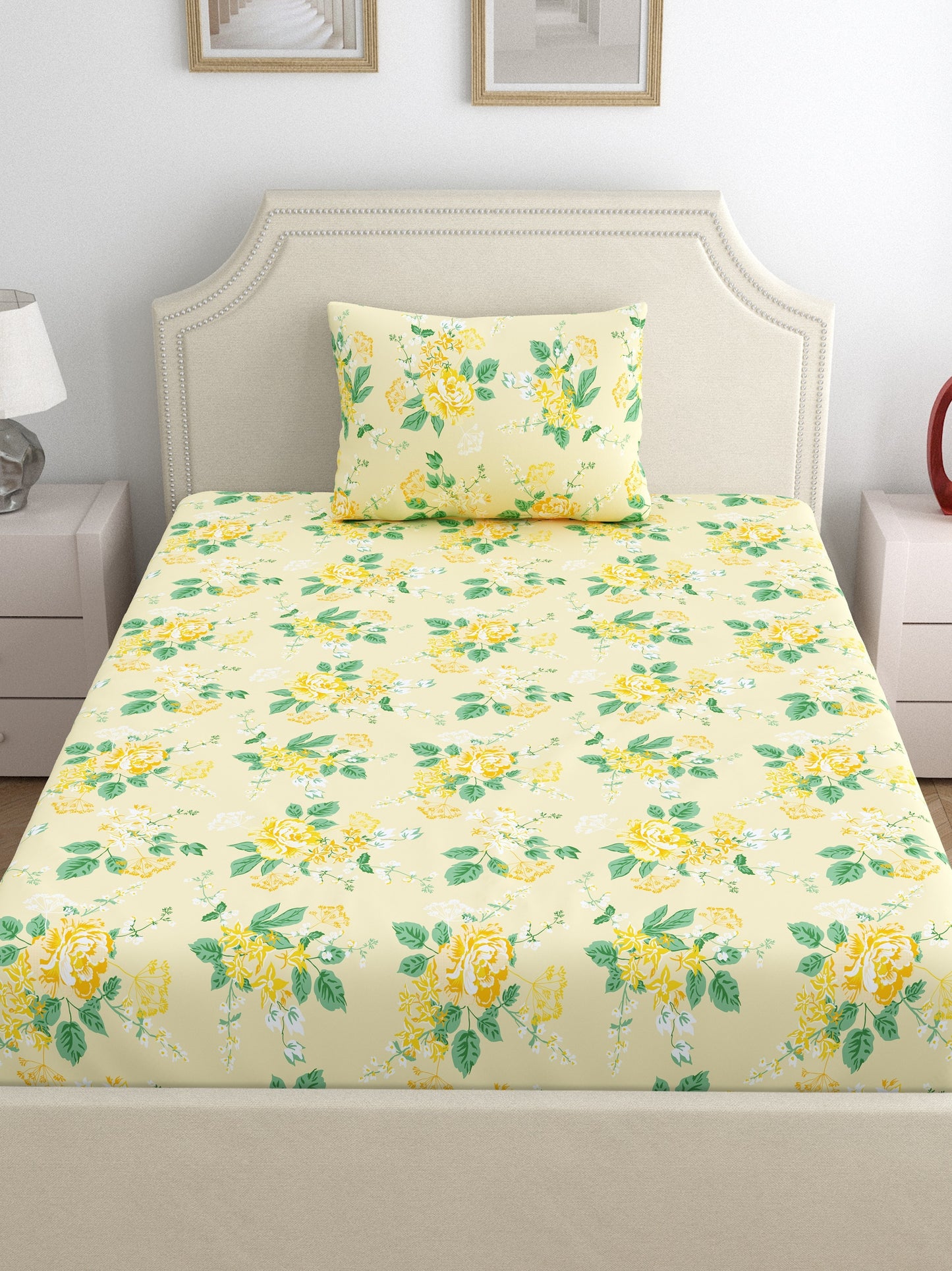 Home Ecstasy 100% Cotton Floral Bedsheet Set | 140 TC | Cream